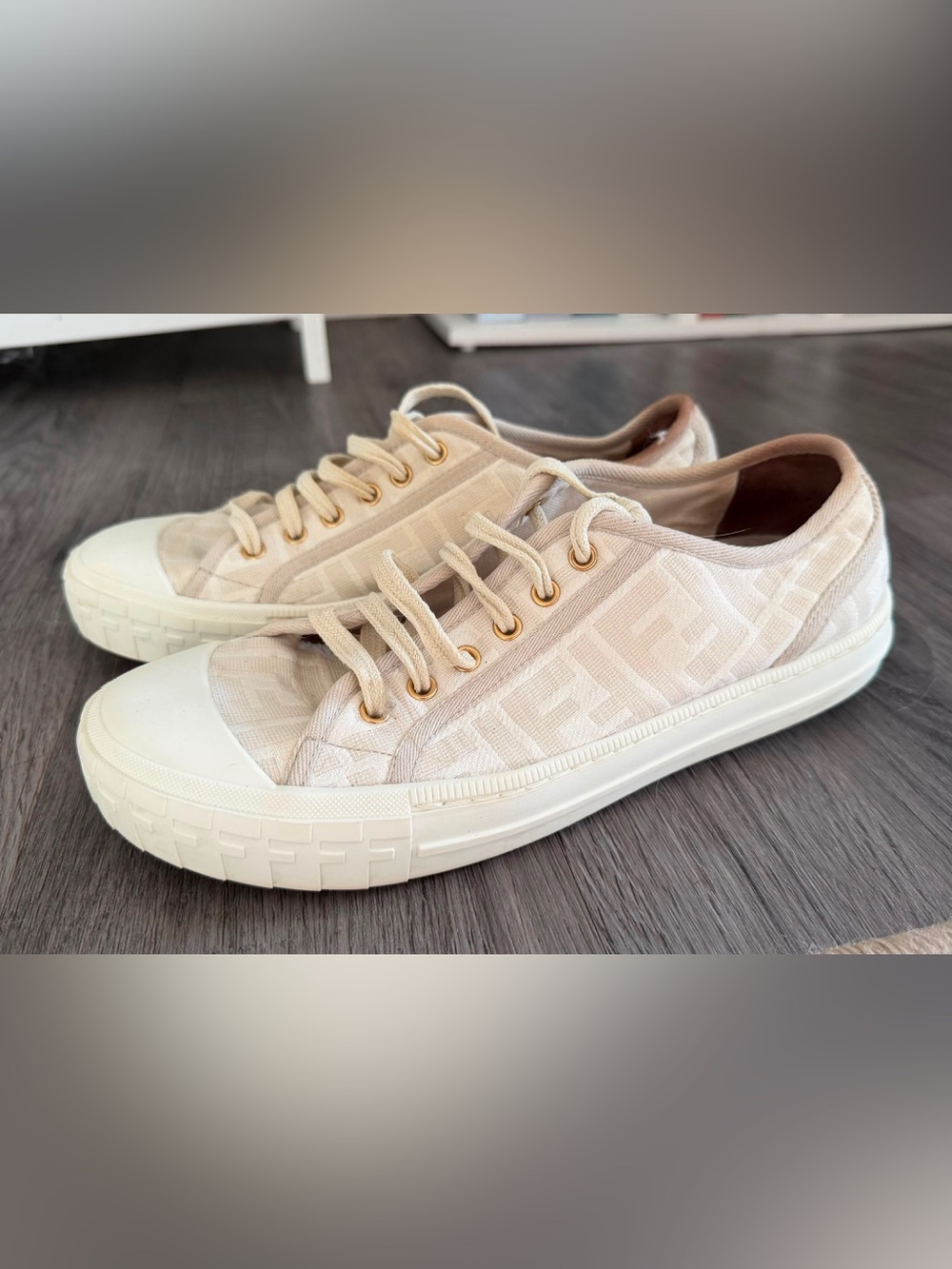 Fendi Beige and Cream Low-Top Logo Sneakers